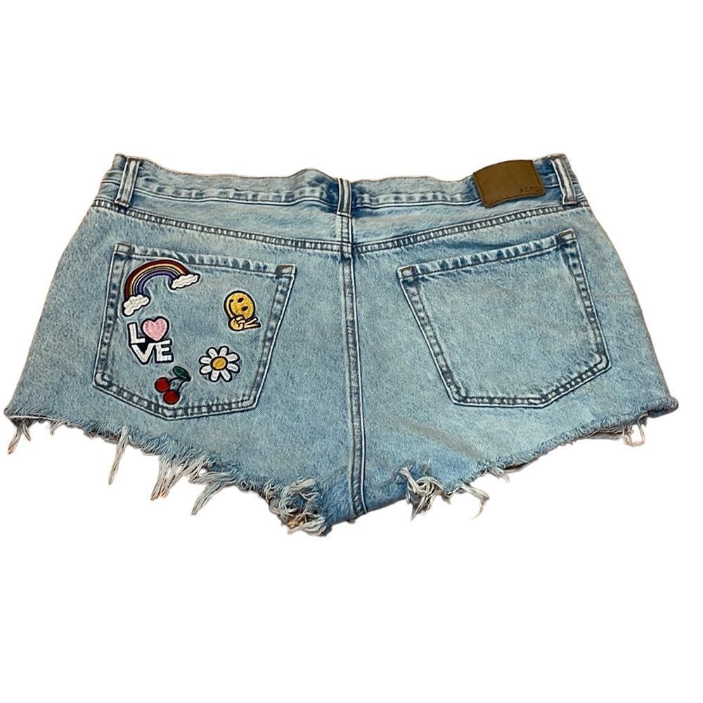 Aeropostale Boyfriend Short, High Waisted, blue, Hippie Patches, flower, 14